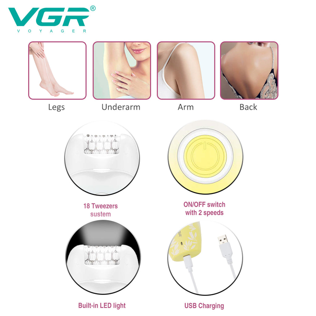 VGR V-738 Female Body Epilator 2 Speeds USB Light — Image 4 — VGR