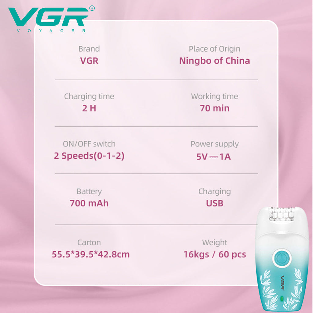 VGR V-738 Female Body Epilator 2 Speeds USB Light — Image 6 — VGR