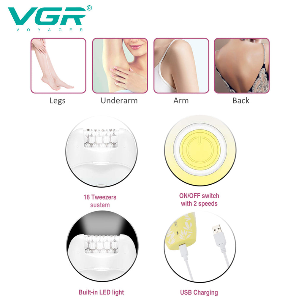 VGR V-738 Female Body Epilator 2 Speeds USB Light — Image 2 — VGR