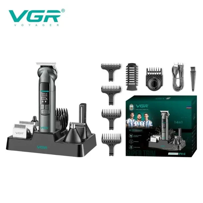 VGR grooming kit with hair trimmer, attachments, and packaging on a white background