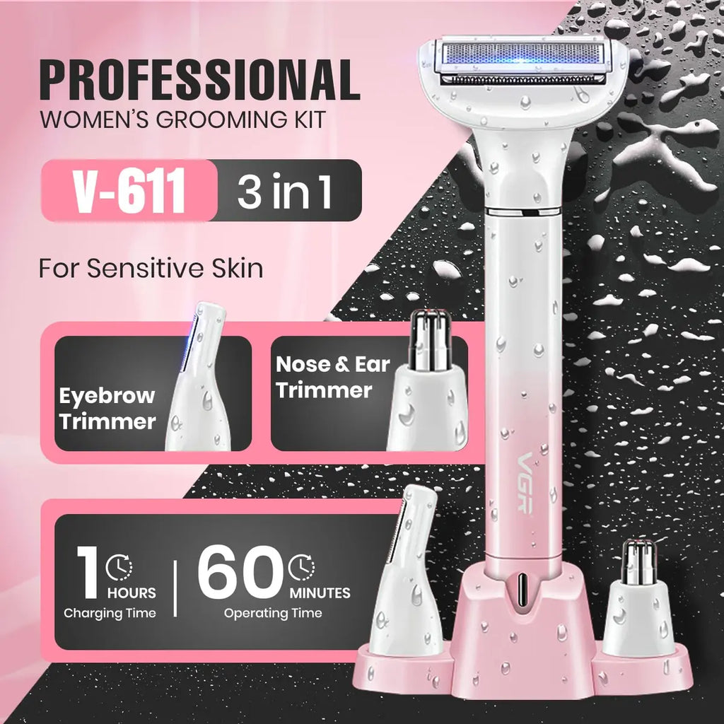 VGR V-611 Professional 3-in-1 Lady Shaver Set (Pink)