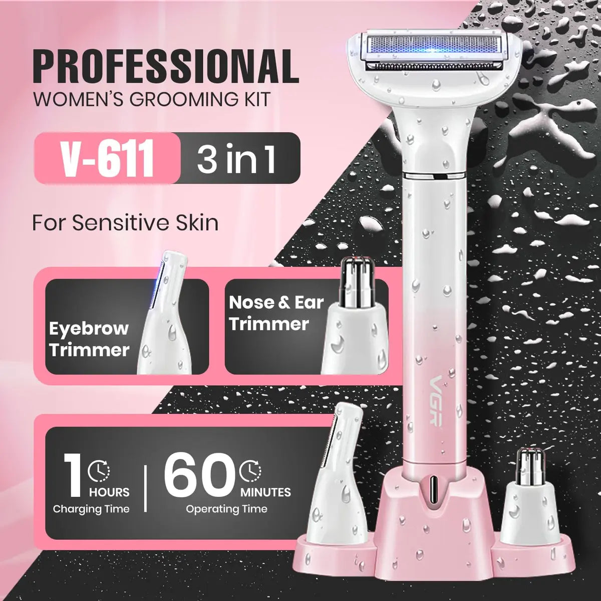 VGR V-611 Professional 3-in-1 Lady Shaver Set (Pink)