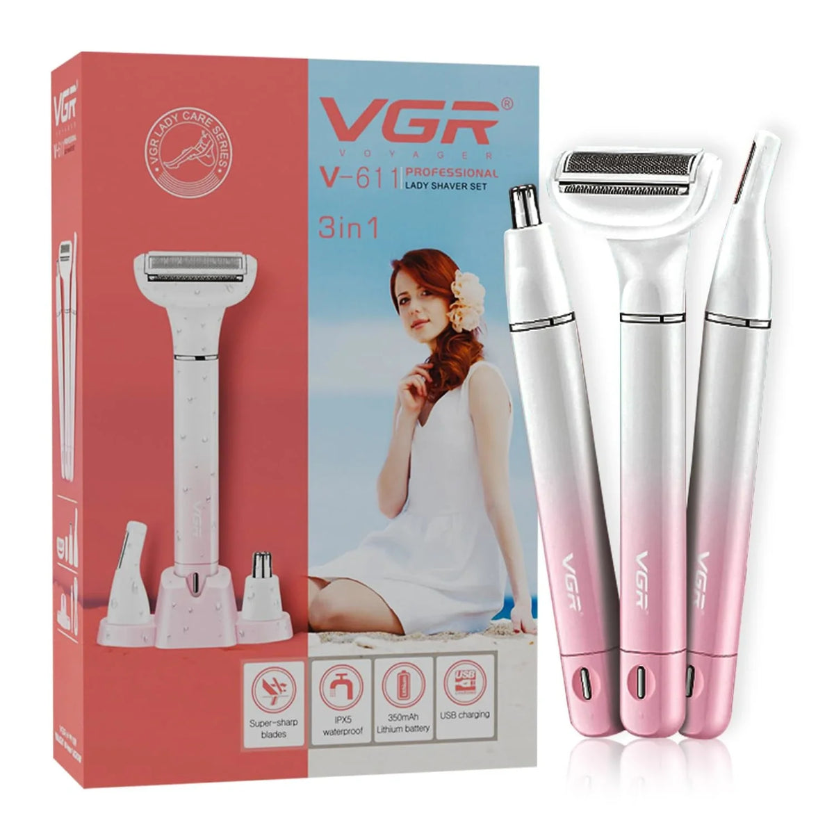 VGR V-611 Professional 3-in-1 Lady Shaver Set (Pink)